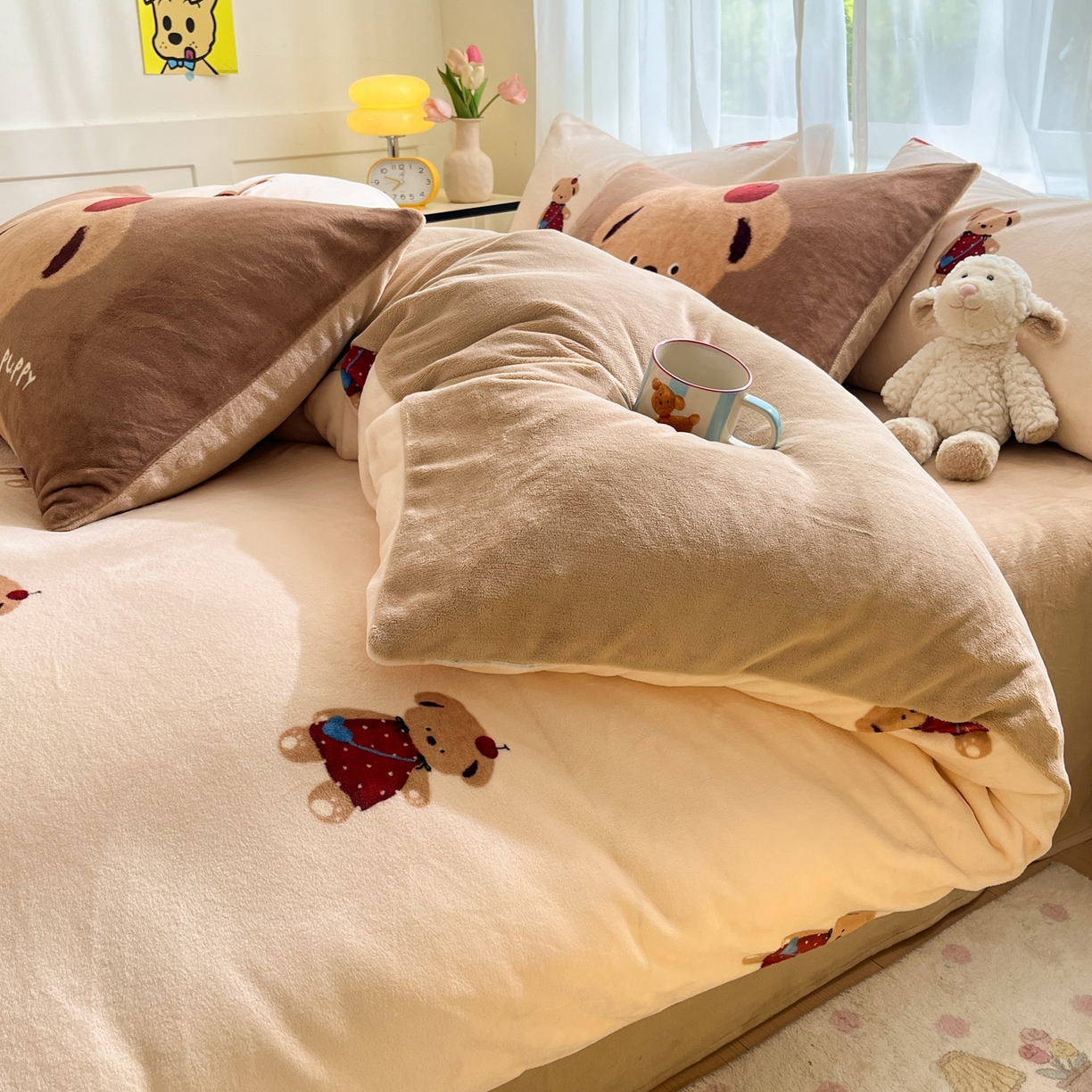 91家纺网 家纺一手货源 找家纺 如一 2025新款高克重卡通印花牛奶绒四件套第二批 苹果熊