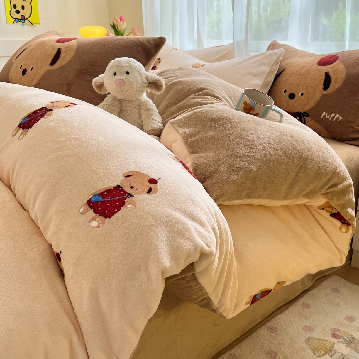 91家纺网 家纺一手货源 找家纺 如一 2025新款高克重卡通印花牛奶绒四件套第二批 苹果熊