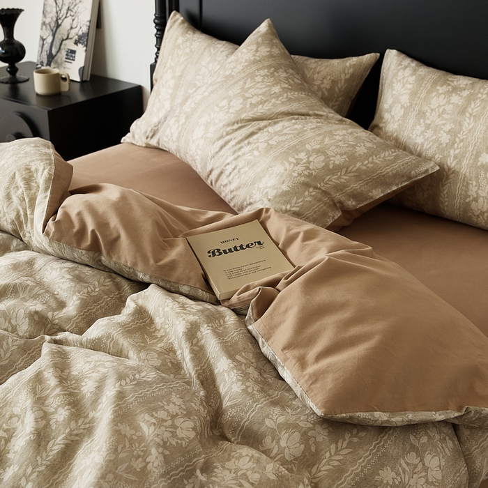 91家纺网 家纺一手货源 找家纺 禾时 2025新款全棉纯棉双层纱印花四件套-暗合 浮香-绿