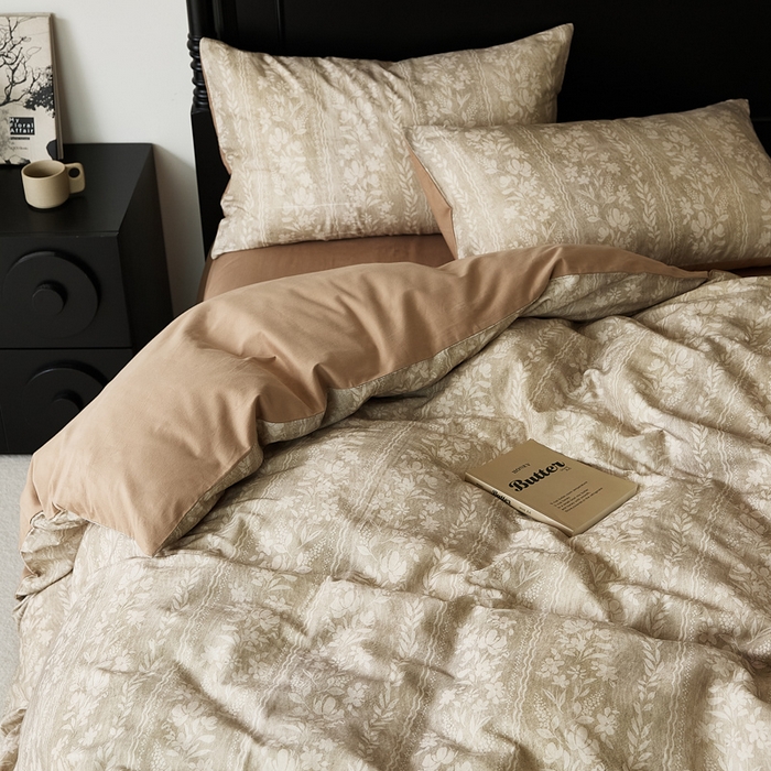 91家纺网 家纺一手货源 找家纺 禾时 2025新款全棉纯棉双层纱印花四件套-暗合 浮香-绿