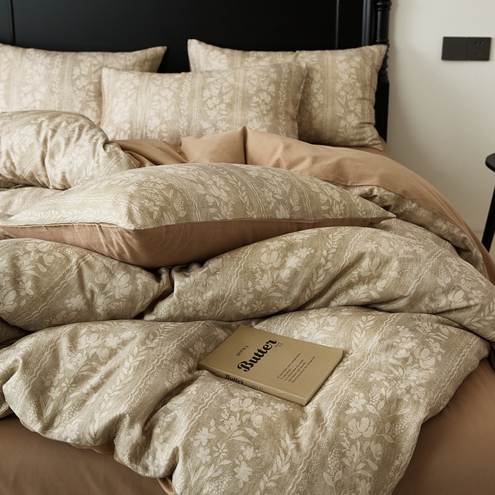 91家纺网 家纺一手货源 找家纺 禾时 2025新款全棉纯棉双层纱印花四件套-暗合 浮香-绿