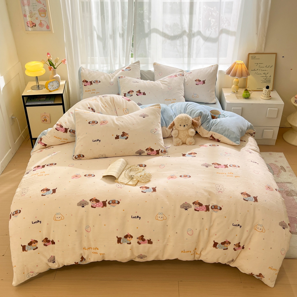 91家纺网 家纺一手货源 找家纺 如一 2025新款高克重卡通印花牛奶绒四件套第二批 汪汪狗