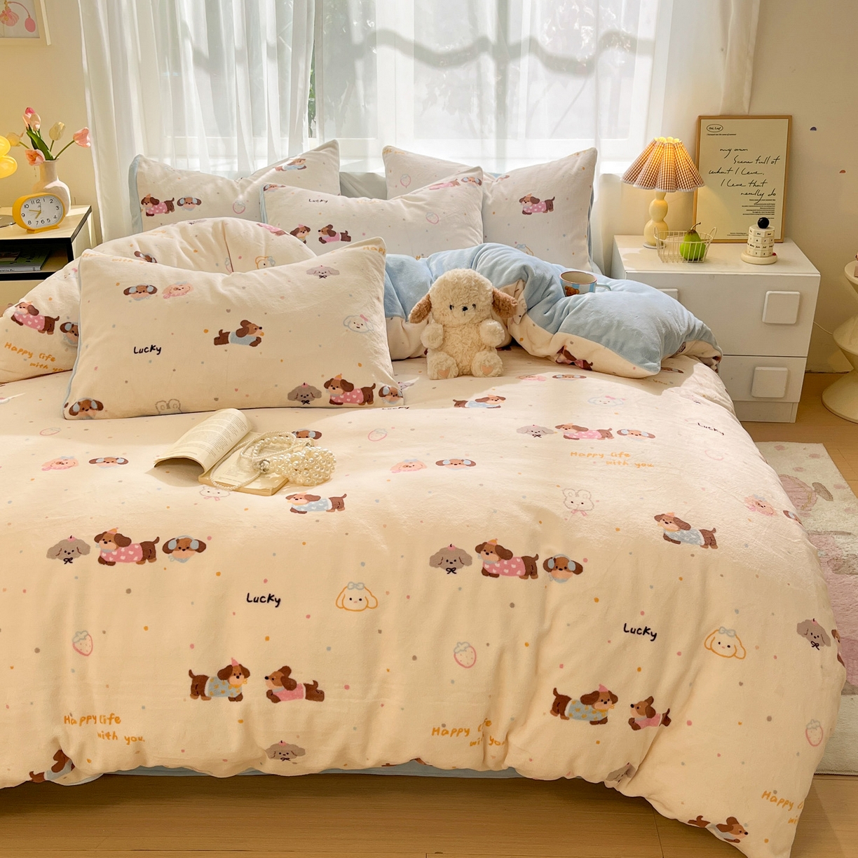 91家纺网 家纺一手货源 找家纺 如一 2025新款高克重卡通印花牛奶绒四件套第二批 汪汪狗