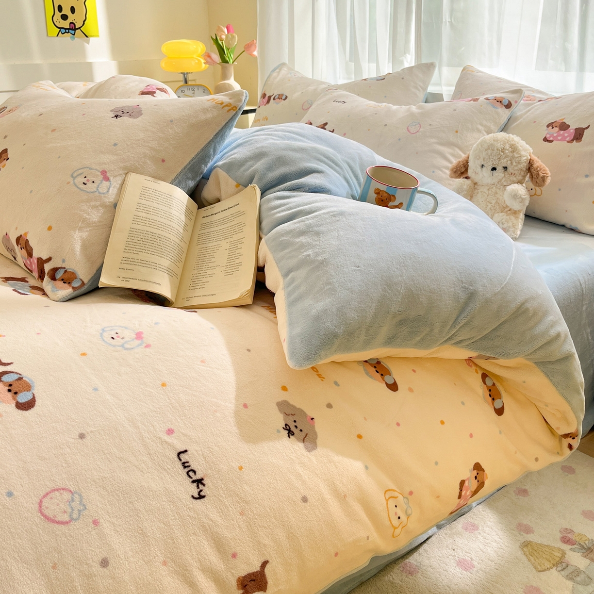 91家纺网 家纺一手货源 找家纺 如一 2025新款高克重卡通印花牛奶绒四件套第二批 汪汪狗