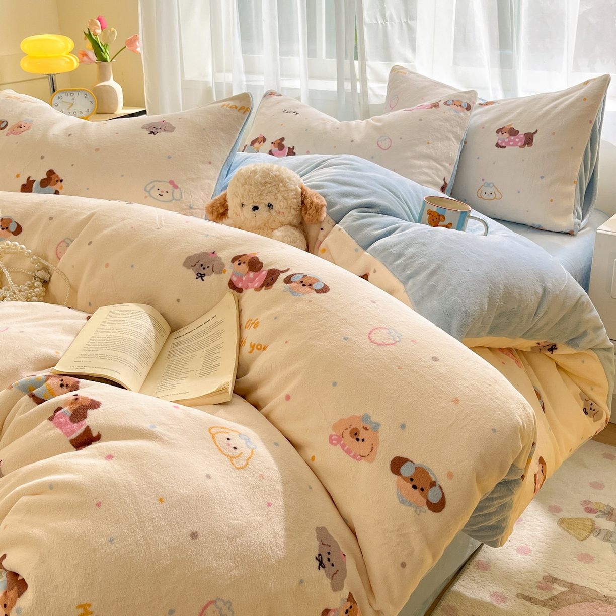 91家纺网 家纺一手货源 找家纺 如一 2025新款高克重卡通印花牛奶绒四件套第二批 汪汪狗