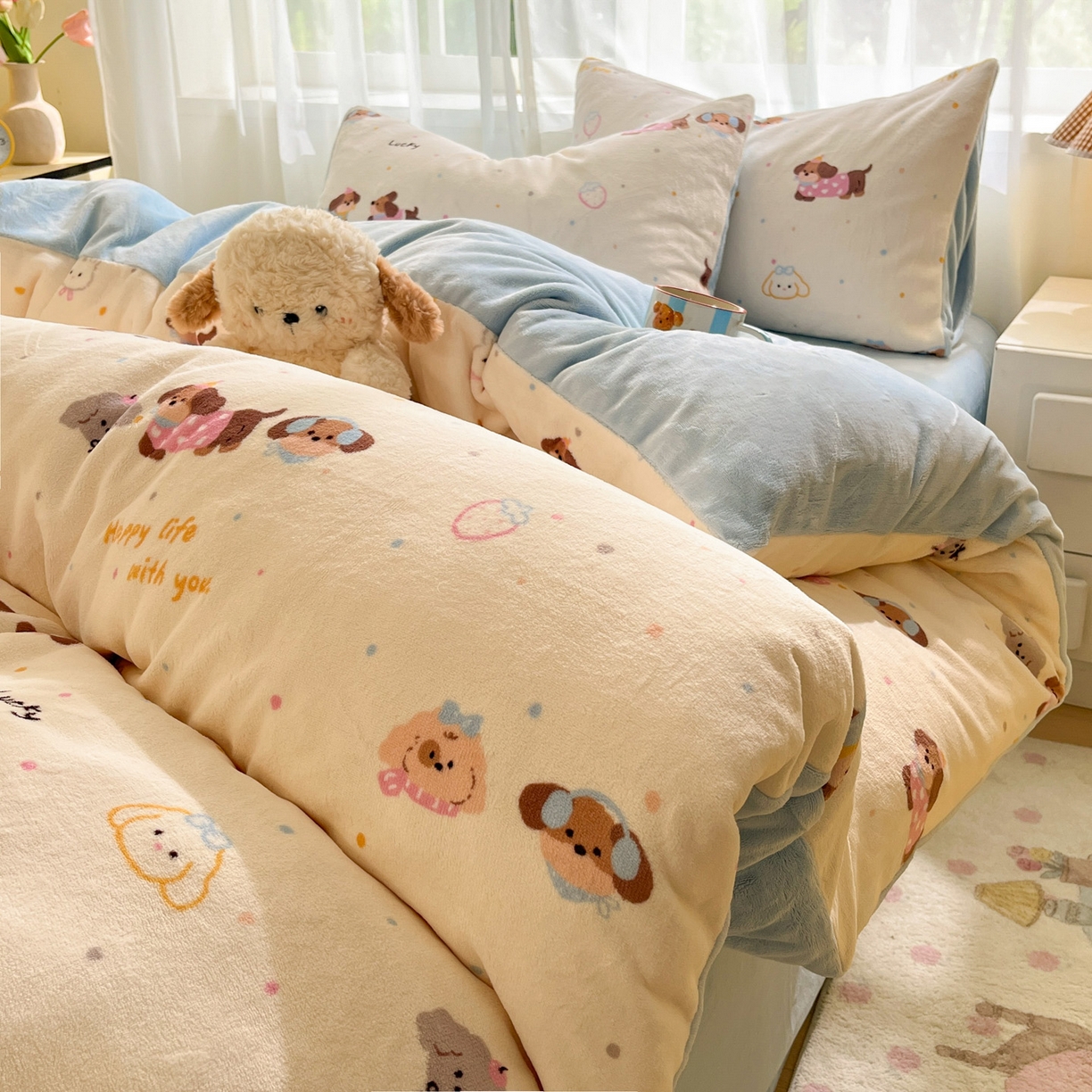 91家纺网 家纺一手货源 找家纺 如一 2025新款高克重卡通印花牛奶绒四件套第二批 汪汪狗