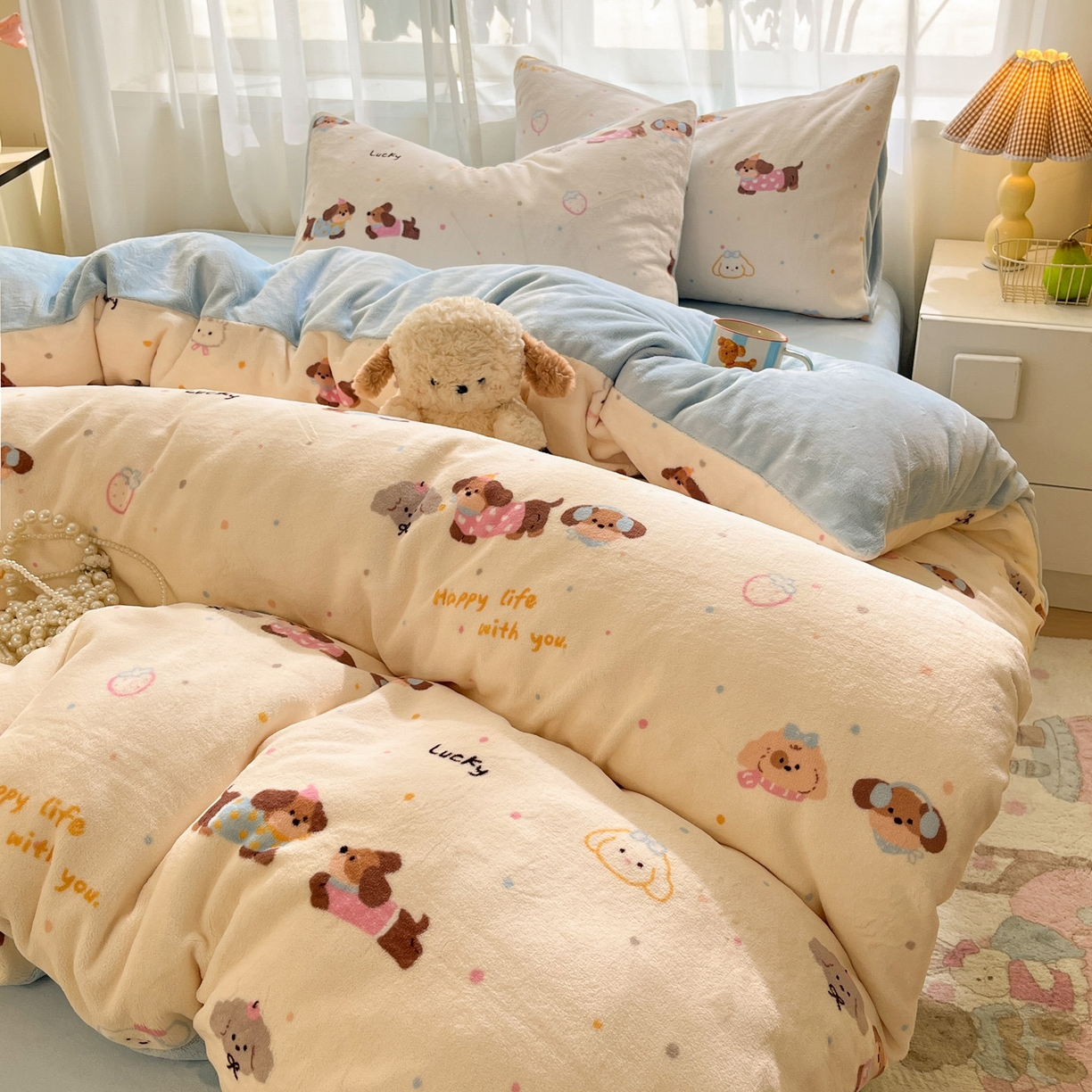 91家纺网 家纺一手货源 找家纺 如一 2025新款高克重卡通印花牛奶绒四件套第二批 汪汪狗