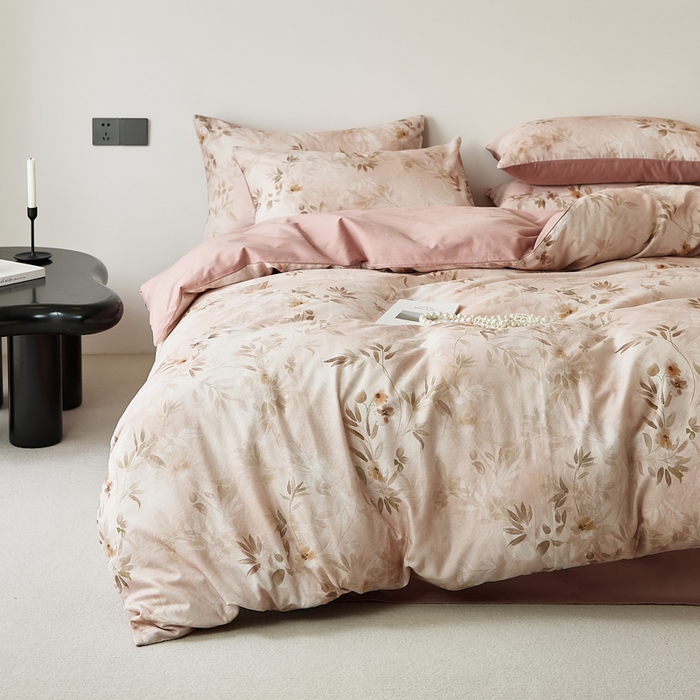 禾时 2025新款全棉纯棉双层纱印花四件套-暗合 卷珠帘-粉