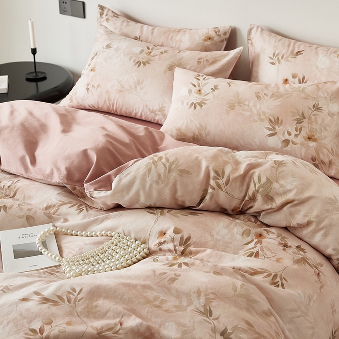 91家纺网 家纺一手货源 找家纺 禾时 2025新款全棉纯棉双层纱印花四件套-暗合 卷珠帘-粉