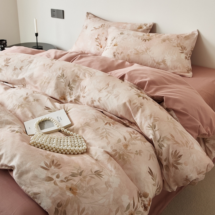 91家纺网 家纺一手货源 找家纺 禾时 2025新款全棉纯棉双层纱印花四件套-暗合 卷珠帘-粉