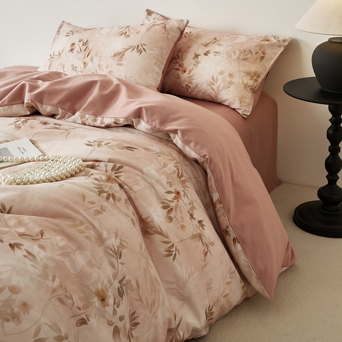 91家纺网 家纺一手货源 找家纺 禾时 2025新款全棉纯棉双层纱印花四件套-暗合 卷珠帘-粉