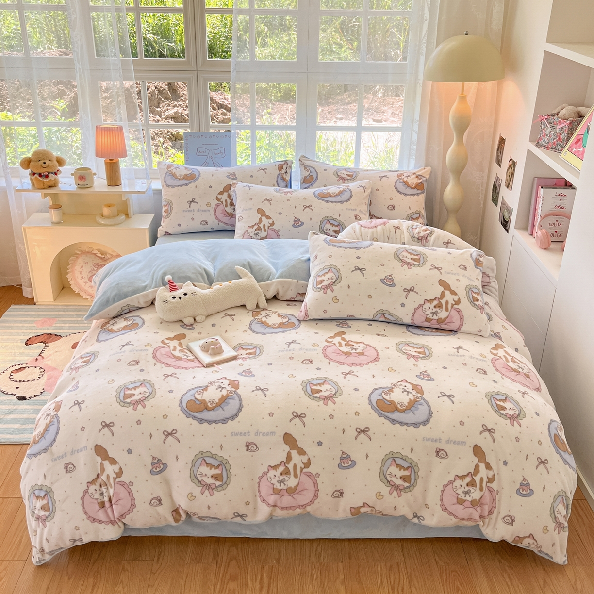 91家纺网 家纺一手货源 找家纺 如一 2025新款高克重卡通印花牛奶绒四件套第二批 小花喵