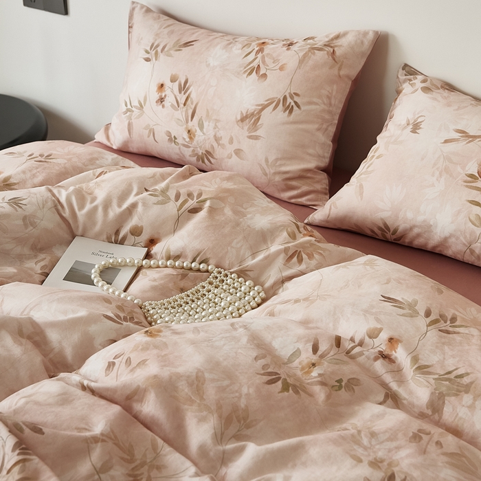 91家纺网 家纺一手货源 找家纺 禾时 2025新款全棉纯棉双层纱印花四件套-暗合 卷珠帘-粉