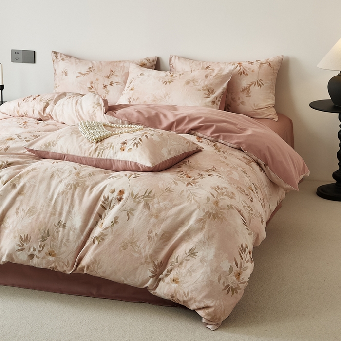 91家纺网 家纺一手货源 找家纺 禾时 2025新款全棉纯棉双层纱印花四件套-暗合 卷珠帘-粉