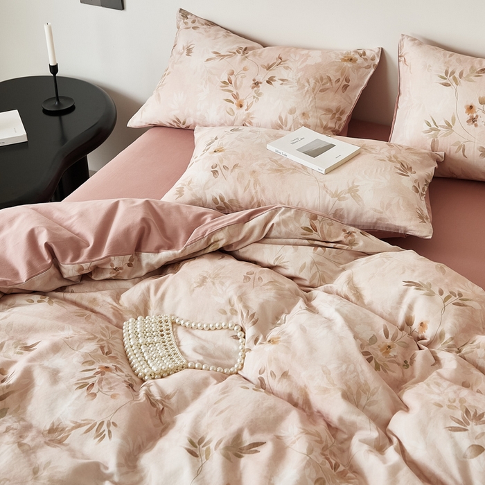 91家纺网 家纺一手货源 找家纺 禾时 2025新款全棉纯棉双层纱印花四件套-暗合 卷珠帘-粉