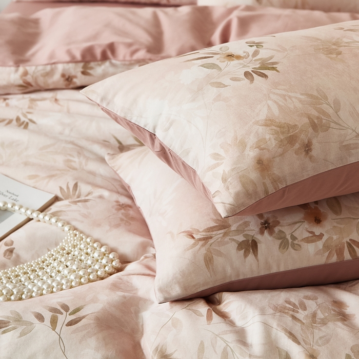 91家纺网 家纺一手货源 找家纺 禾时 2025新款全棉纯棉双层纱印花四件套-暗合 卷珠帘-粉