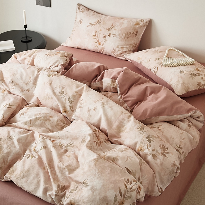 91家纺网 家纺一手货源 找家纺 禾时 2025新款全棉纯棉双层纱印花四件套-暗合 卷珠帘-粉