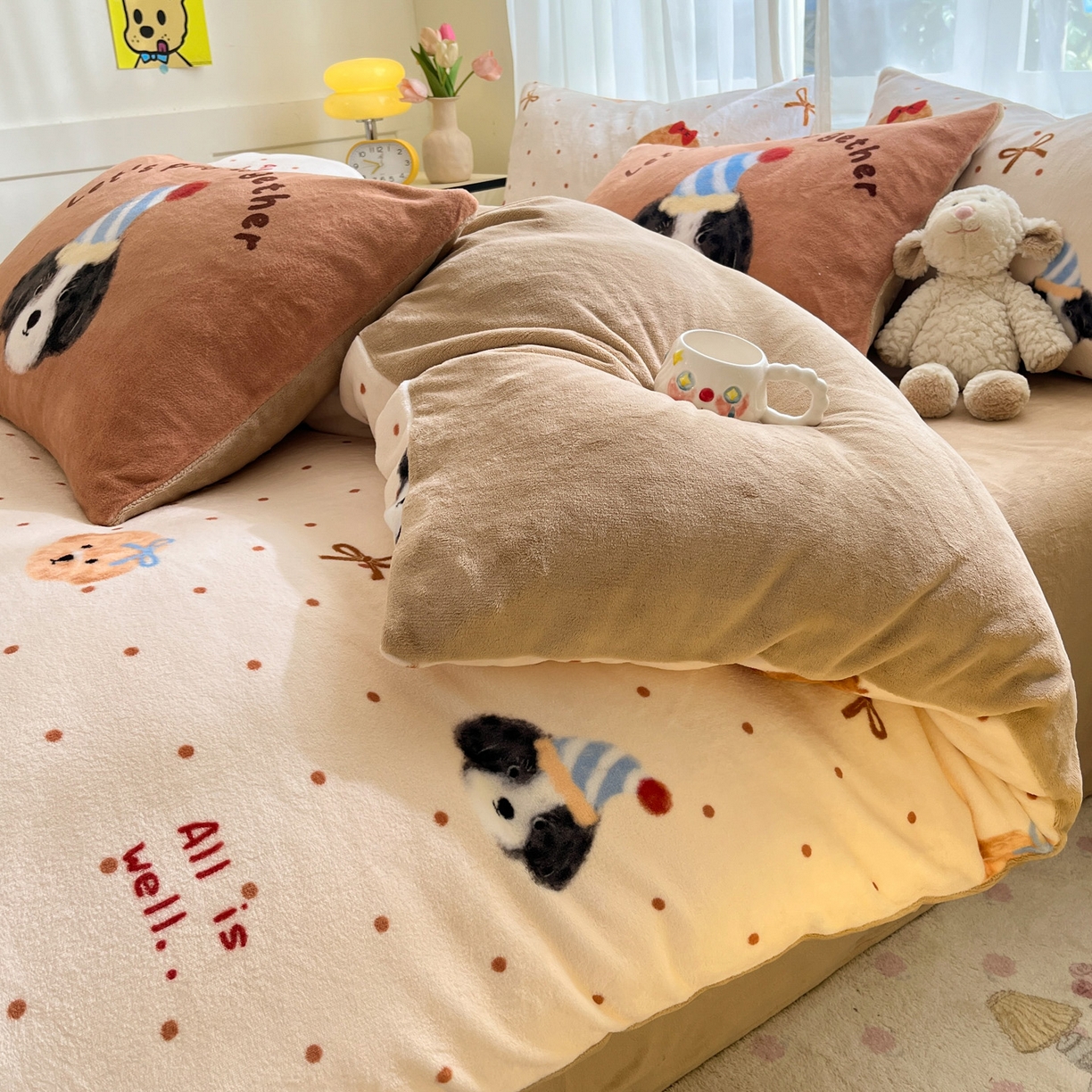 91家纺网 家纺一手货源 找家纺 如一 2025新款高克重卡通印花牛奶绒四件套第二批 小伙伴