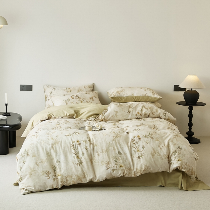 91家纺网 家纺一手货源 找家纺 禾时 2025新款全棉纯棉双层纱印花四件套-暗合 卷珠帘-黄