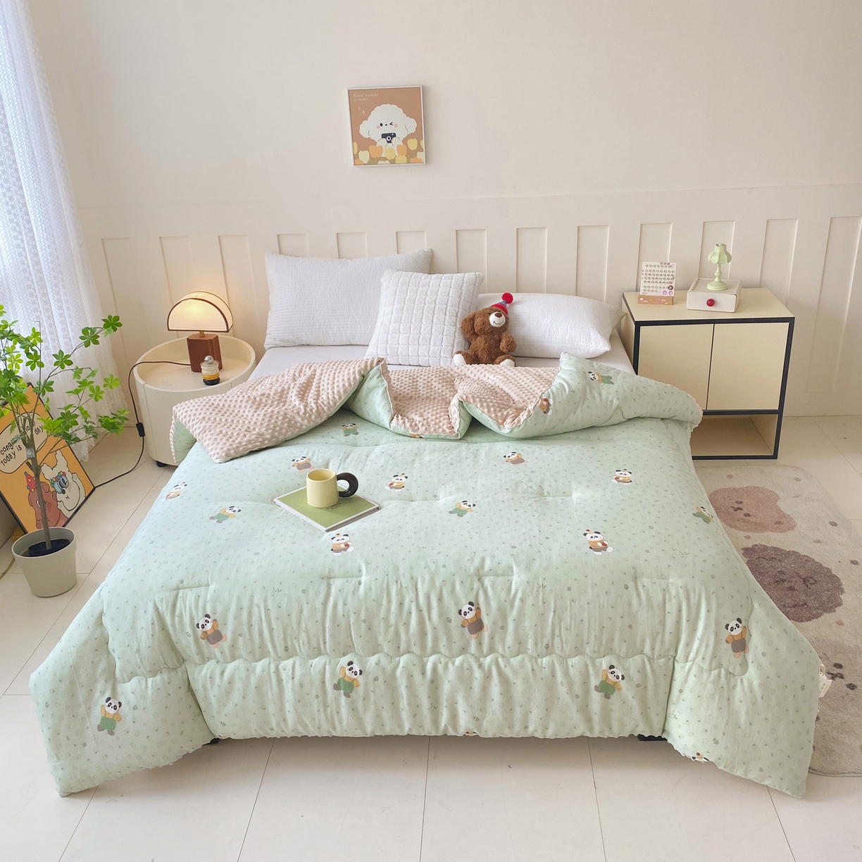 91家纺网 家纺一手货源 找家纺 小叮当家纺仓储工厂店 2025新款A类母婴级全棉双层纱婴儿绒210g豆豆被20%大豆纤维单人双人被芯 功夫熊猫