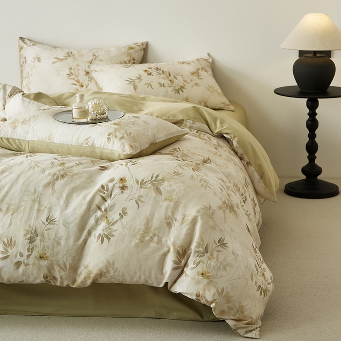 91家纺网 家纺一手货源 找家纺 禾时 2025新款全棉纯棉双层纱印花四件套-暗合 卷珠帘-黄