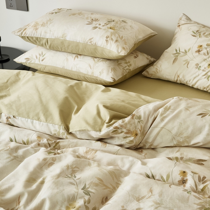 91家纺网 家纺一手货源 找家纺 禾时 2025新款全棉纯棉双层纱印花四件套-暗合 卷珠帘-黄