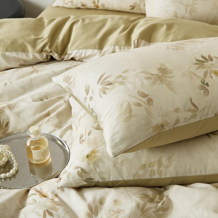 91家纺网 家纺一手货源 找家纺 禾时 2025新款全棉纯棉双层纱印花四件套-暗合 卷珠帘-黄