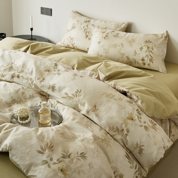 91家纺网 家纺一手货源 找家纺 禾时 2025新款全棉纯棉双层纱印花四件套-暗合 卷珠帘-黄