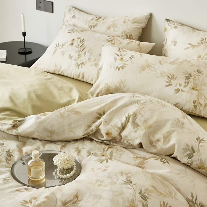 91家纺网 家纺一手货源 找家纺 禾时 2025新款全棉纯棉双层纱印花四件套-暗合 卷珠帘-黄