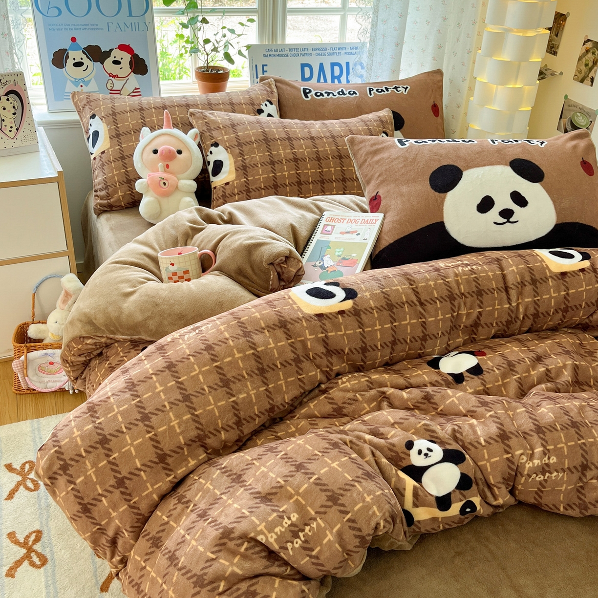 91家纺网 家纺一手货源 找家纺 如一 2025新款高克重卡通印花牛奶绒四件套第二批 小熊猫