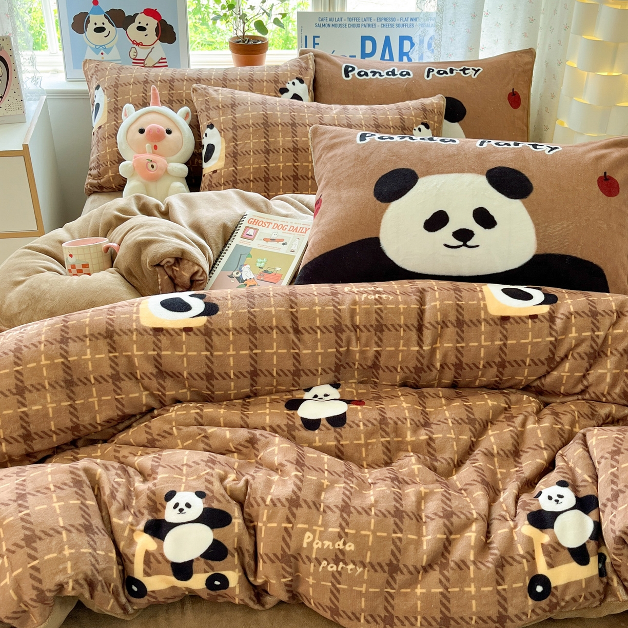 91家纺网 家纺一手货源 找家纺 如一 2025新款高克重卡通印花牛奶绒四件套第二批 小熊猫