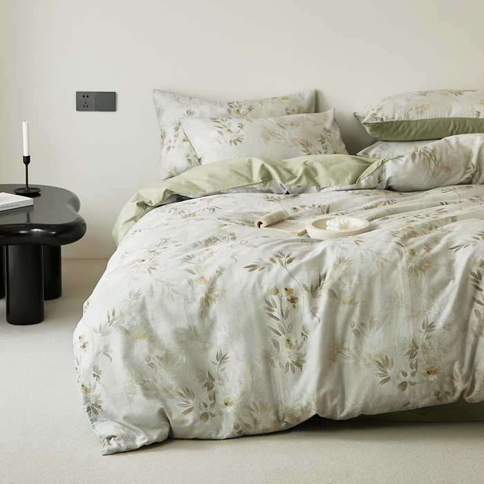 禾时 2025新款全棉纯棉双层纱印花四件套-暗合 卷珠帘-绿