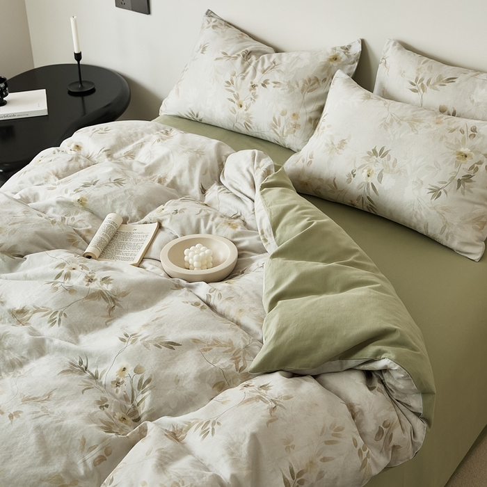 91家纺网 家纺一手货源 找家纺 禾时 2025新款全棉纯棉双层纱印花四件套-暗合 卷珠帘-绿