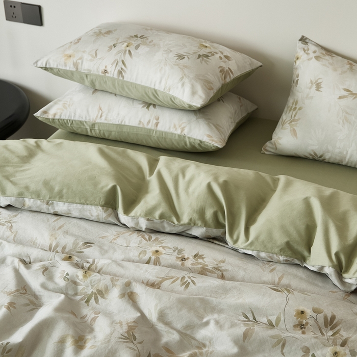 91家纺网 家纺一手货源 找家纺 禾时 2025新款全棉纯棉双层纱印花四件套-暗合 卷珠帘-绿