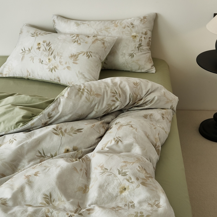 91家纺网 家纺一手货源 找家纺 禾时 2025新款全棉纯棉双层纱印花四件套-暗合 卷珠帘-绿