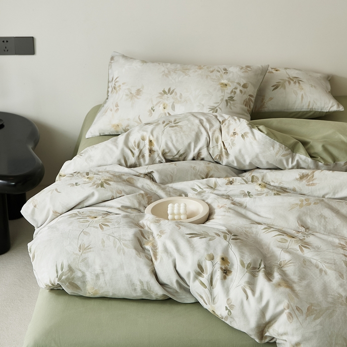 91家纺网 家纺一手货源 找家纺 禾时 2025新款全棉纯棉双层纱印花四件套-暗合 卷珠帘-绿