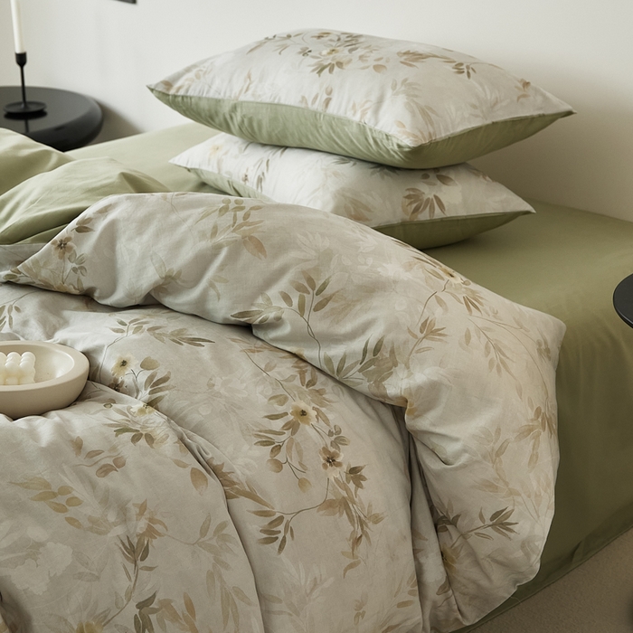 91家纺网 家纺一手货源 找家纺 禾时 2025新款全棉纯棉双层纱印花四件套-暗合 卷珠帘-绿