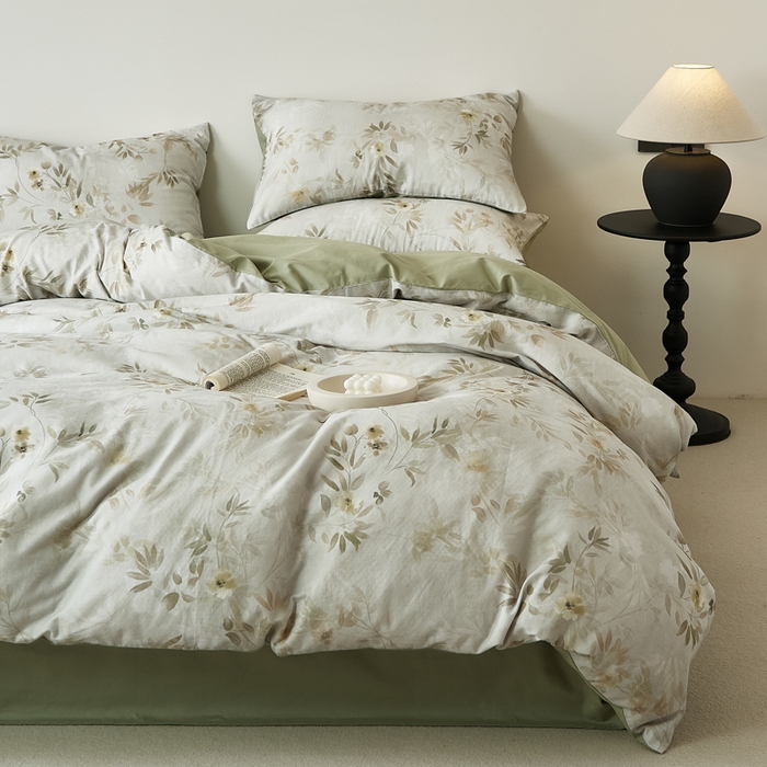 91家纺网 家纺一手货源 找家纺 禾时 2025新款全棉纯棉双层纱印花四件套-暗合 卷珠帘-绿