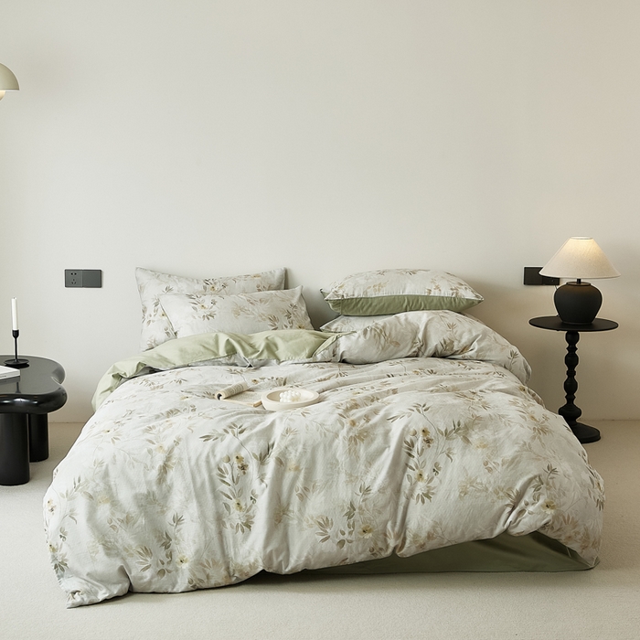 91家纺网 家纺一手货源 找家纺 禾时 2025新款全棉纯棉双层纱印花四件套-暗合 卷珠帘-绿