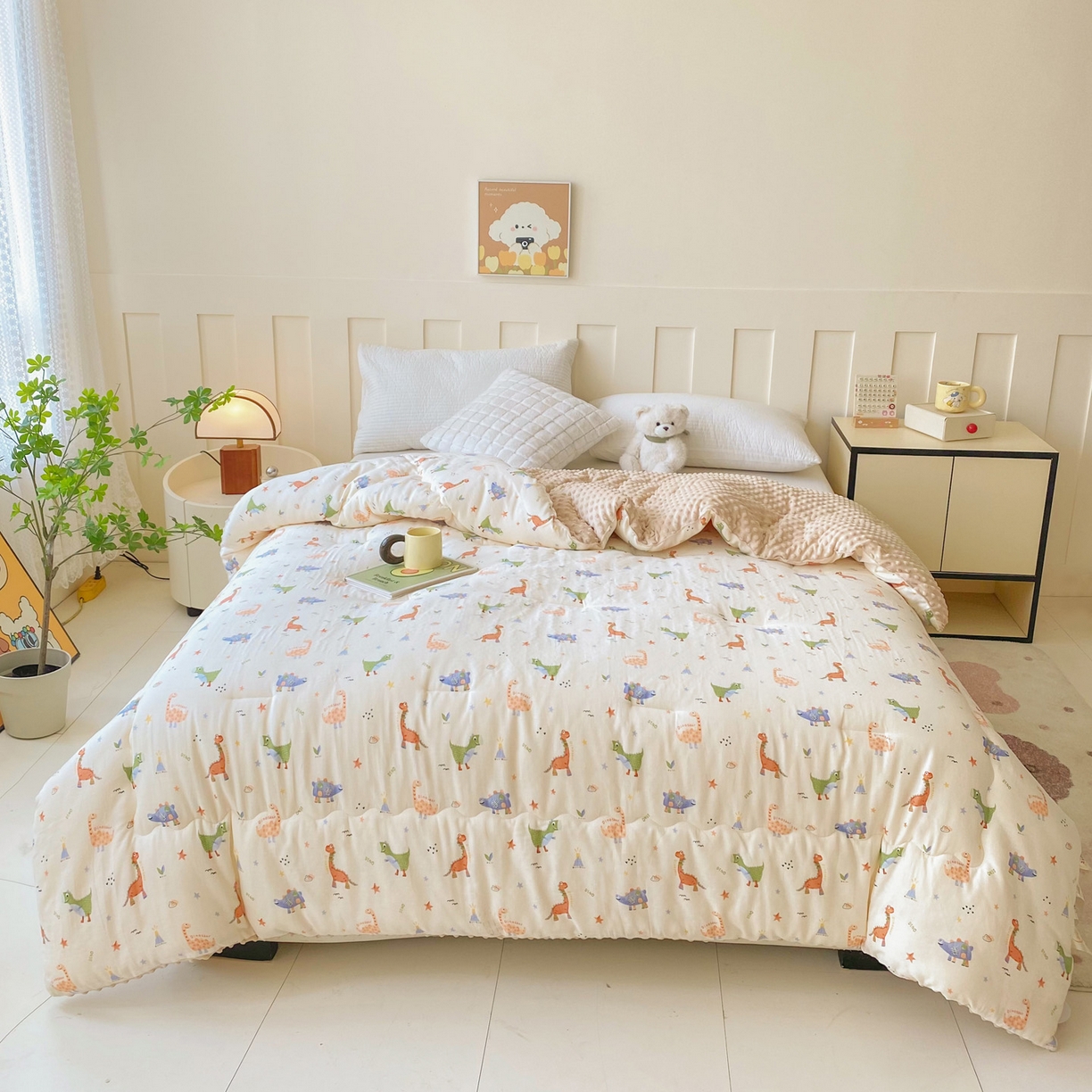 91家纺网 家纺一手货源 找家纺 小叮当家纺仓储工厂店 2025新款A类母婴级全棉双层纱婴儿绒210g豆豆被20%大豆纤维单人双人被芯 恐龙世界