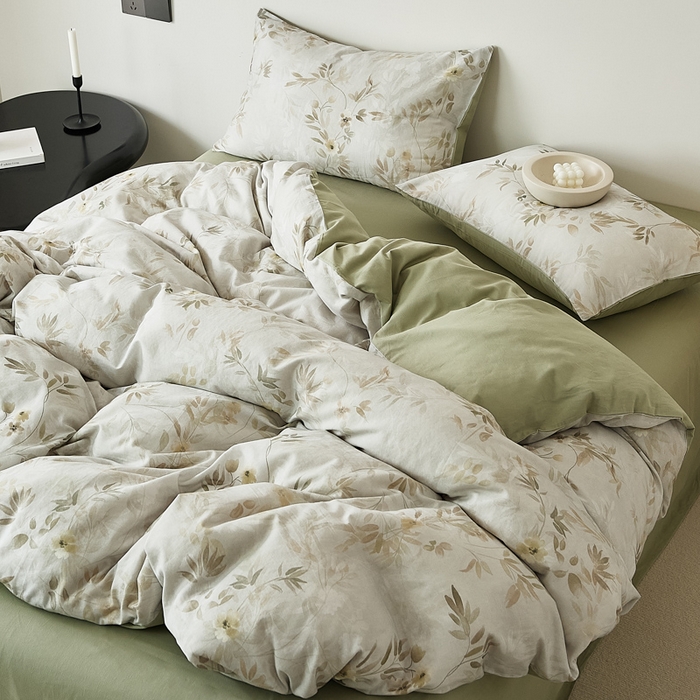 91家纺网 家纺一手货源 找家纺 禾时 2025新款全棉纯棉双层纱印花四件套-暗合 卷珠帘-绿