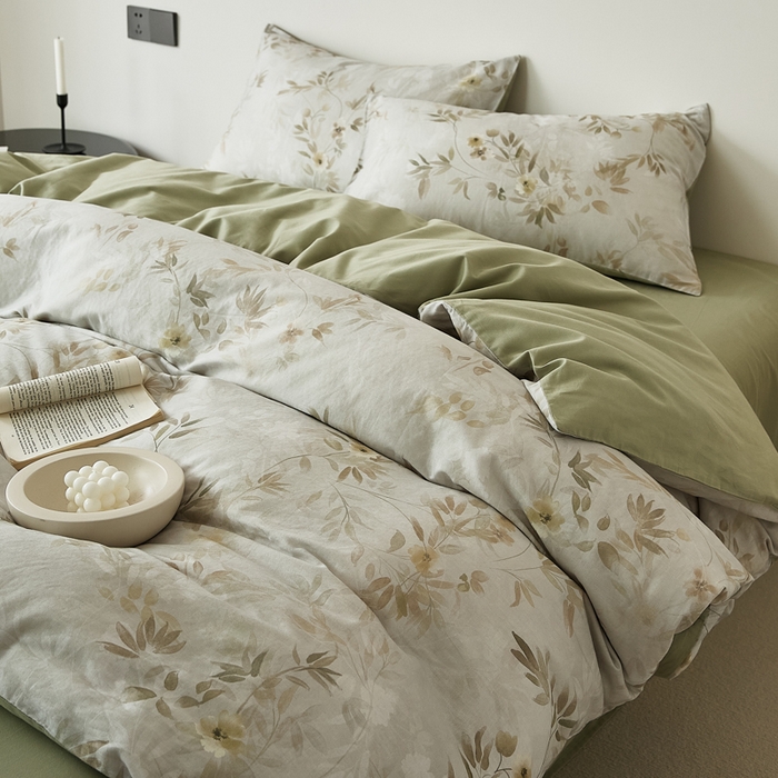 91家纺网 家纺一手货源 找家纺 禾时 2025新款全棉纯棉双层纱印花四件套-暗合 卷珠帘-绿