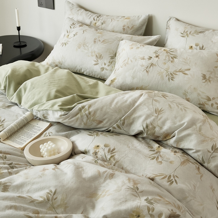 91家纺网 家纺一手货源 找家纺 禾时 2025新款全棉纯棉双层纱印花四件套-暗合 卷珠帘-绿