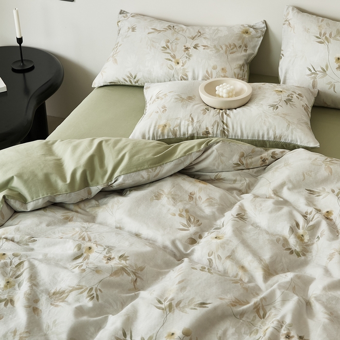 91家纺网 家纺一手货源 找家纺 禾时 2025新款全棉纯棉双层纱印花四件套-暗合 卷珠帘-绿