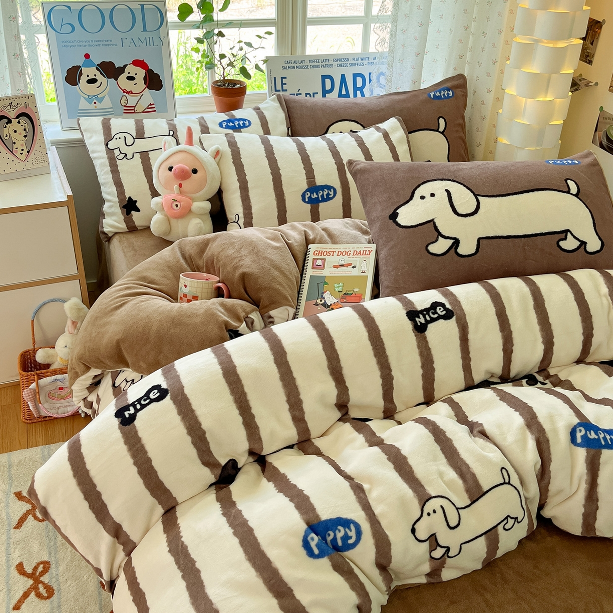 91家纺网 家纺一手货源 找家纺 如一 2025新款高克重卡通印花牛奶绒四件套第二批 幸运狗