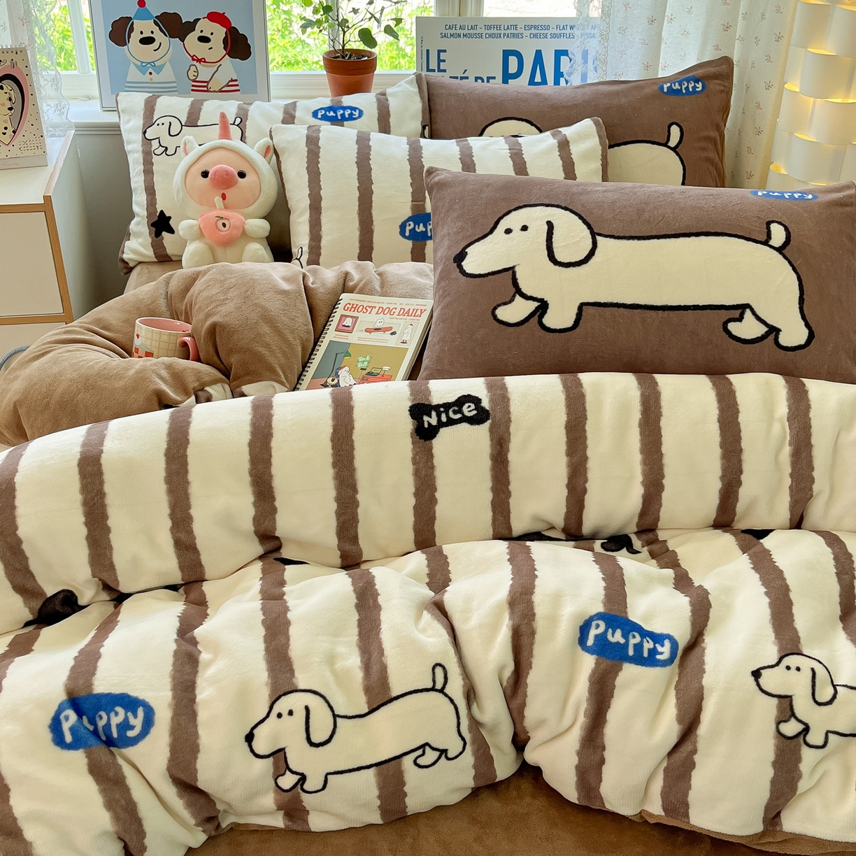 91家纺网 家纺一手货源 找家纺 如一 2025新款高克重卡通印花牛奶绒四件套第二批 幸运狗