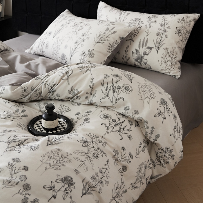 91家纺网 家纺一手货源 找家纺 禾时 2025新款全棉纯棉双层纱印花四件套-暗合 茉含-白灰