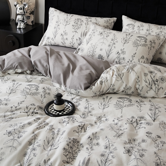 91家纺网 家纺一手货源 找家纺 禾时 2025新款全棉纯棉双层纱印花四件套-暗合 茉含-白灰