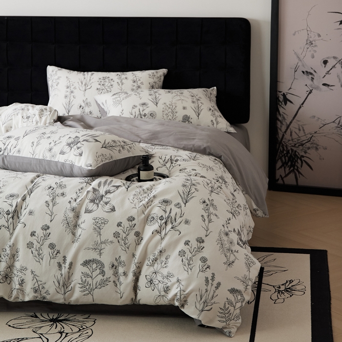 91家纺网 家纺一手货源 找家纺 禾时 2025新款全棉纯棉双层纱印花四件套-暗合 茉含-白灰