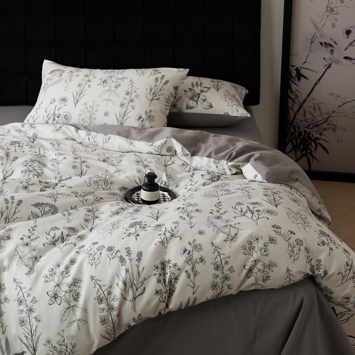 91家纺网 家纺一手货源 找家纺 禾时 2025新款全棉纯棉双层纱印花四件套-暗合 茉含-白灰